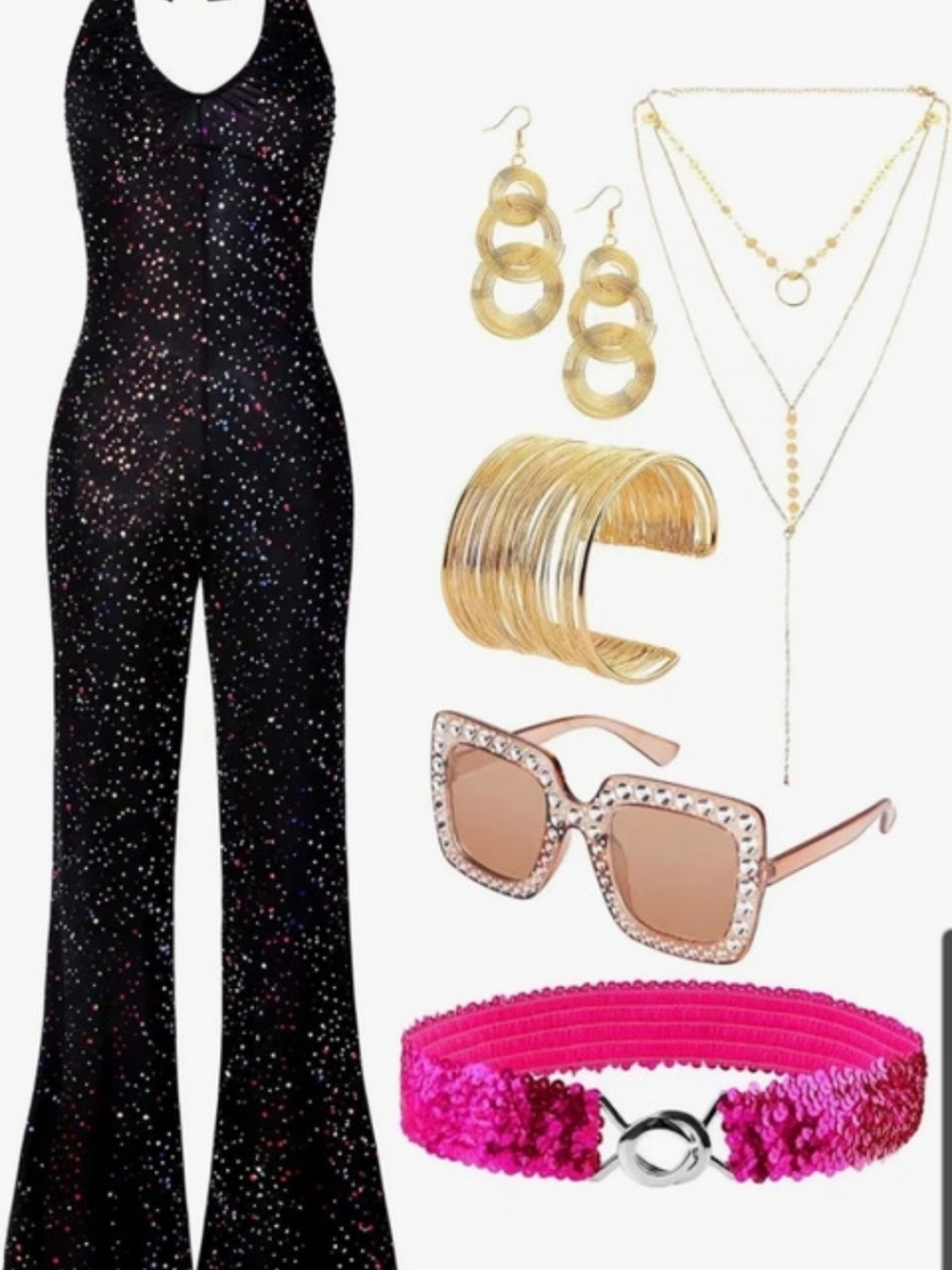 70's Sequin Disco Costume Halter Flare Leg Jumpsuit in Black Size Small